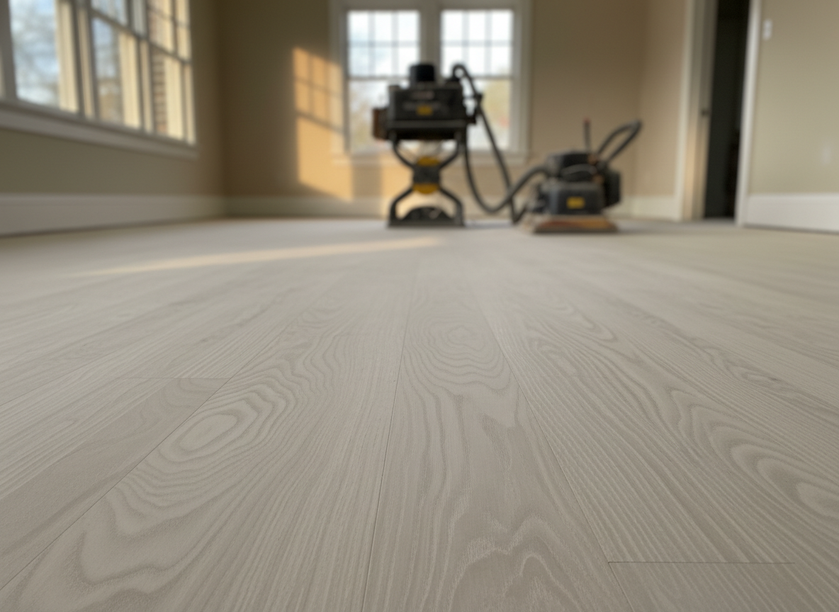 A beautifully sanded but unfinished hardwood floor in a classic Knoxville bungalow, the pale raw wood showing swirling grain and delicate variations in tone before stain or finish is applied. Fine sanding dust is barely visible between boards, and professional-grade sanding equipment rests in the far background, slightly out of focus. Late afternoon sunlight filters through side windows, grazing the floor at a low angle and revealing the perfectly even surface with no visible scratches or swirl marks. Photographic realism, captured from a knee-high angle looking across the room, with strong linear perspective drawing the eye toward the far wall. The atmosphere feels anticipatory and professional, emphasizing preparation, craftsmanship, and respect for the home.